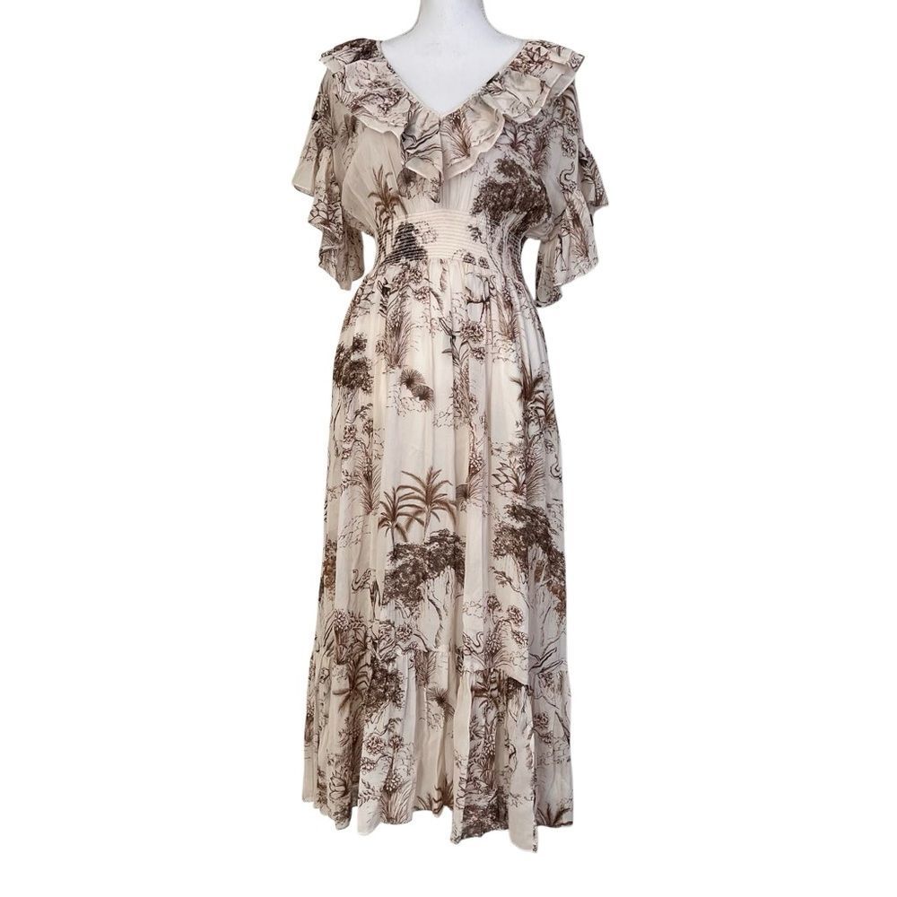SANDRO Natural Marro Ruffled Printed Gauze Midi Dress EU 36 US S MSRP $245 - Picture 4 of 12